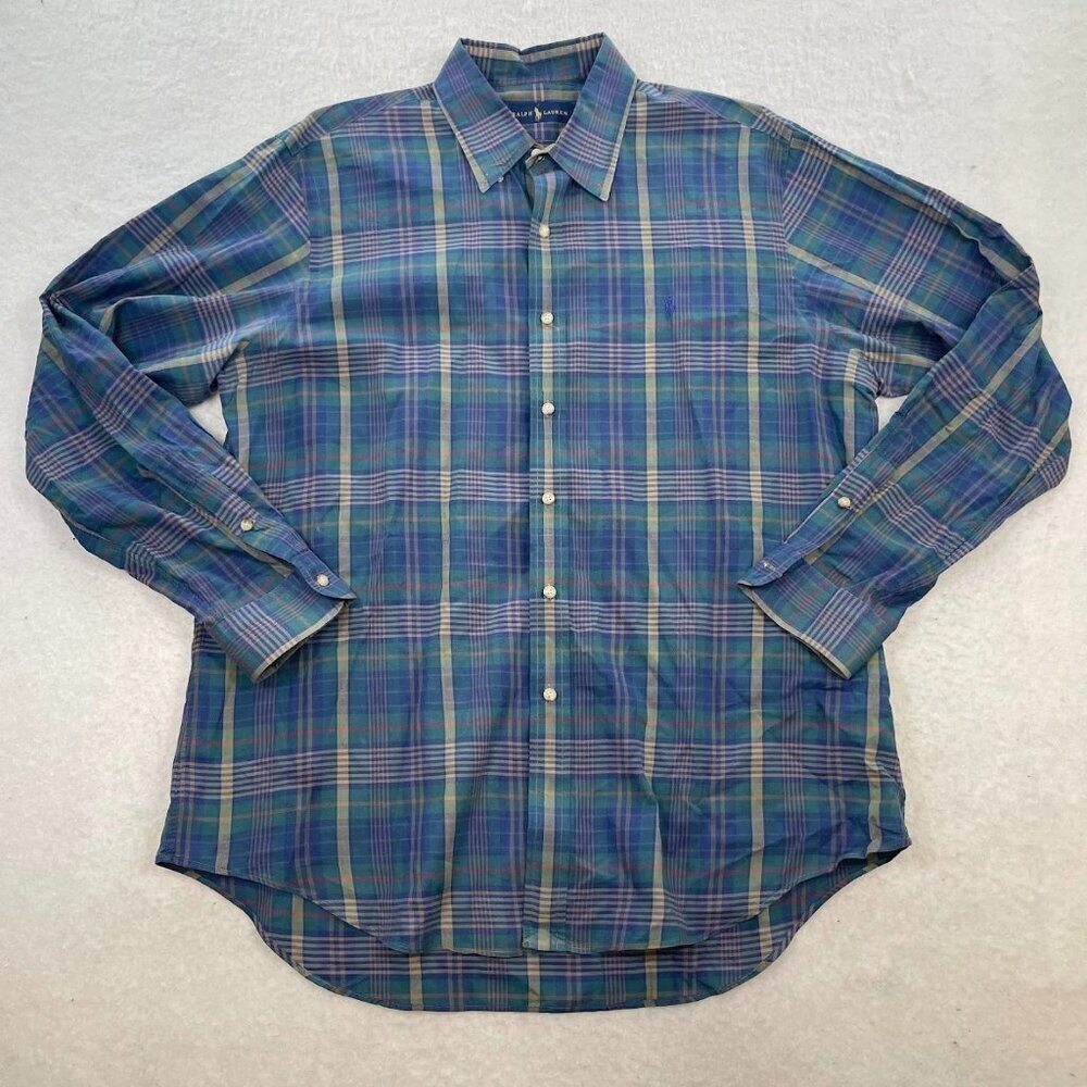 Vintage Classic Ralph Lauren Cotton Oxford Blue/Green Plaid Pony Old Money Sz XL